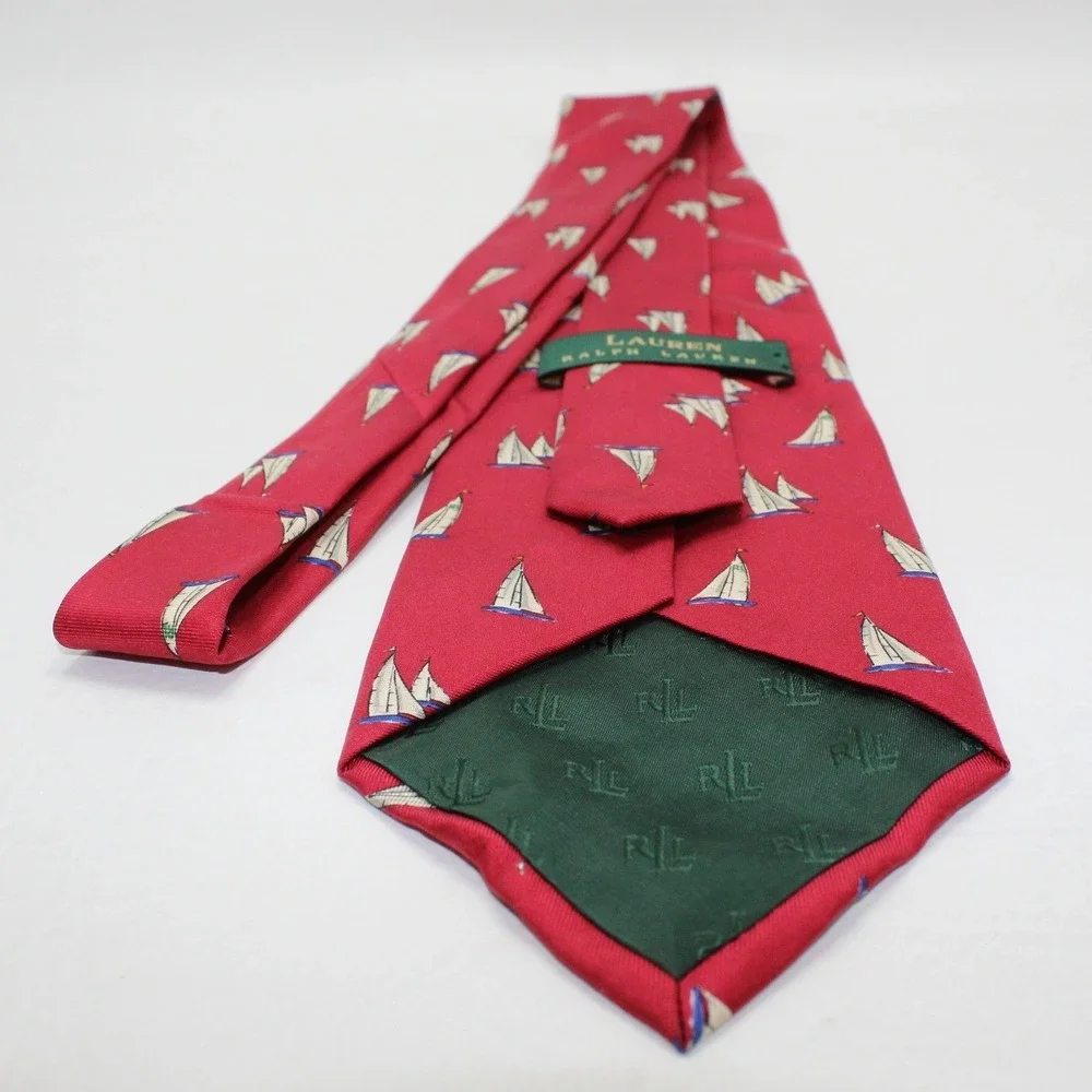 Lauren Ralph Lauren Mens Red Silk Sailboat‎ Nautical Necktie Hand Finished USA